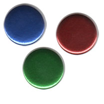 Metallic red blue and green badges