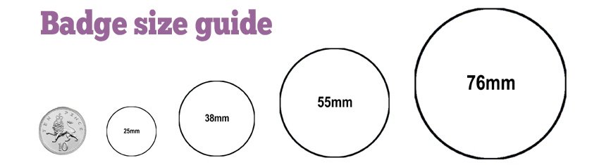 Badge size guide - 25mm, 38mm, 55mm and 55mm